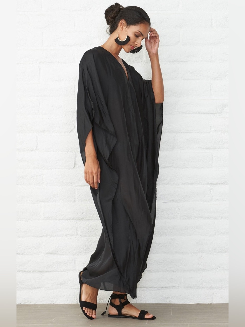 ocean+main NWT Silk V-Neck Placket Long Caftan Dress L/XL Sustainable Luxury - Picture 9 of 15